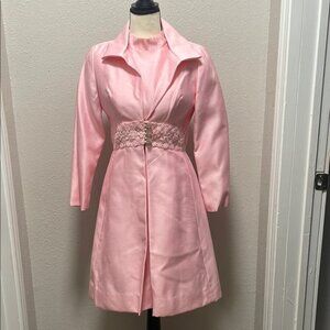 1960s Bubblegum Pink Daisy Floral Embroidered Mod Dress & Jacket Two Piece Set